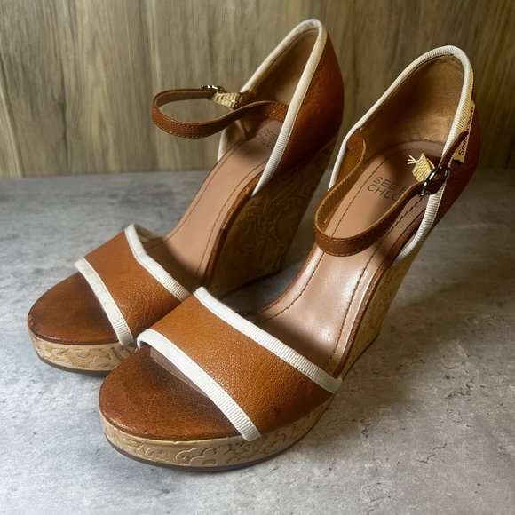 See by Chloe  Tan leather Wood Carved  Floral  Wedge  Size 6 - Picture 1 of 11